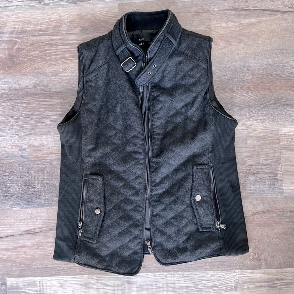 Thick Quilted Vest Dark Gray and Black with Moto Details Size: M Brand: Fate